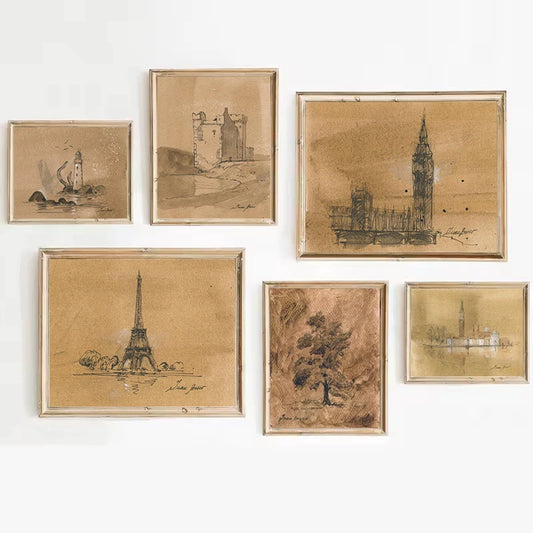 Anitique Castle,Eiffel Tower,Big Ben Travel City Sketch Minimalist Drawing
