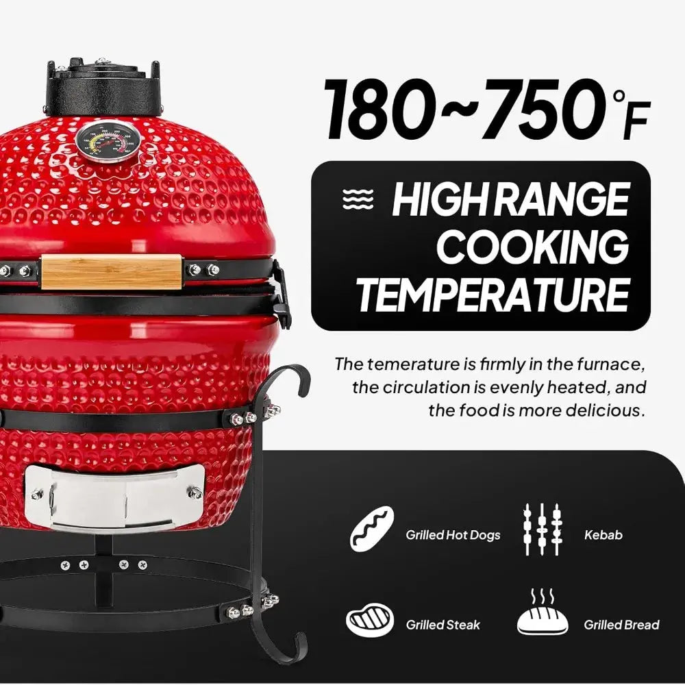 13IN Red Spherical Ceramic Charcoal Grill with Inner Liner, Portable BBQ Smoker for Outdoor Cooking, Camping, and Backyard Gril - Our3Designs