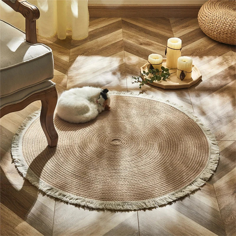 Vintage Round Woven Rugs Handmade Rattan Carpet