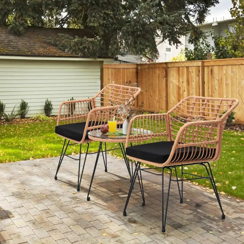 3-Piece Wicker Patio Set – 2 Rattan Chairs & Glass Table w/ Cushions Outdoor - Our3Designs