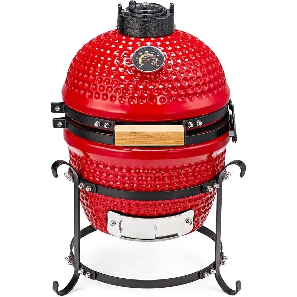 13IN Red Spherical Ceramic Charcoal Grill with Inner Liner, Portable BBQ Smoker for Outdoor Cooking, Camping, and Backyard Gril - Our3Designs
