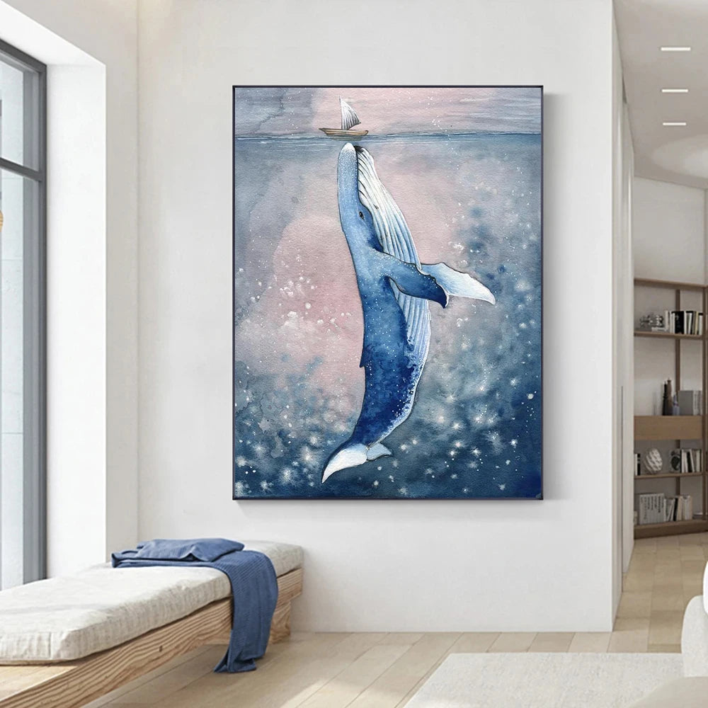 Nordic Style Watercolor Abstract Whale Sea Wall Art Poste