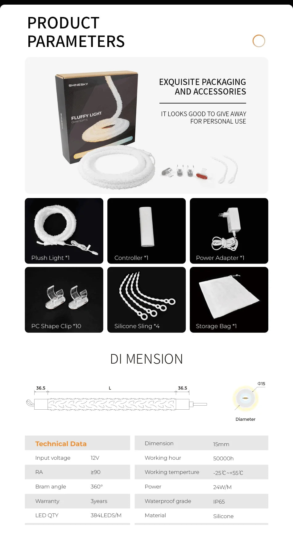 SHINESKY Flexible Silicone 360° R13 Neon LED Strip Light Plush Pattern