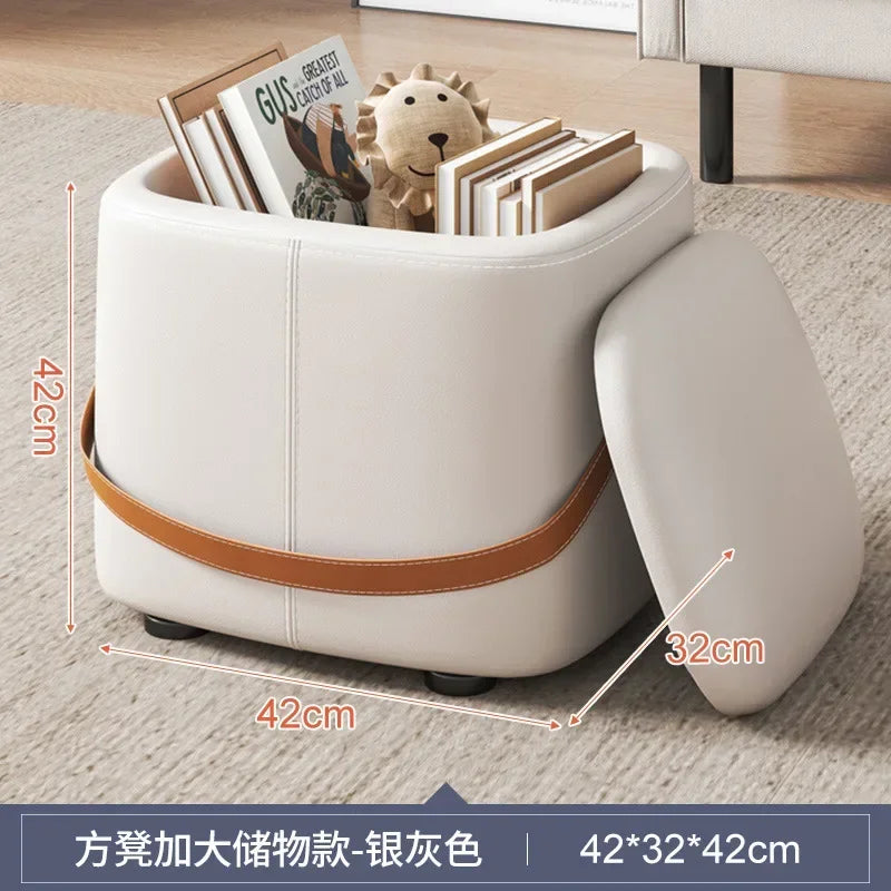 Hallway With Box Storage Stool PU Leather Pouf Household Shoe Stool