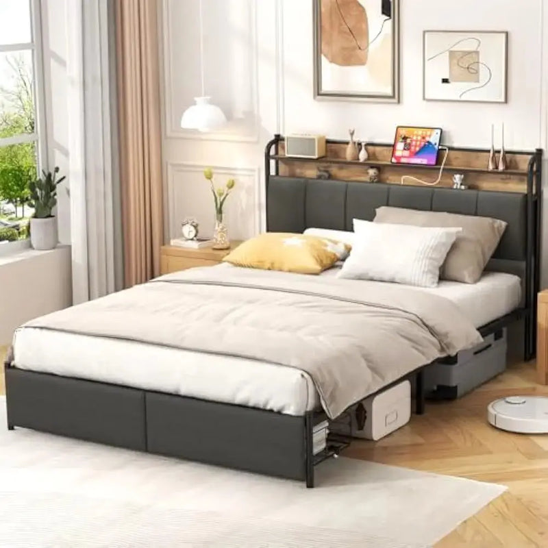 LED Queen Size Bed Frame with Storage Drawer and Charging Station, Metal Platform, No Box Spring Needed, Queen Size Bed Frame Our3Designs
