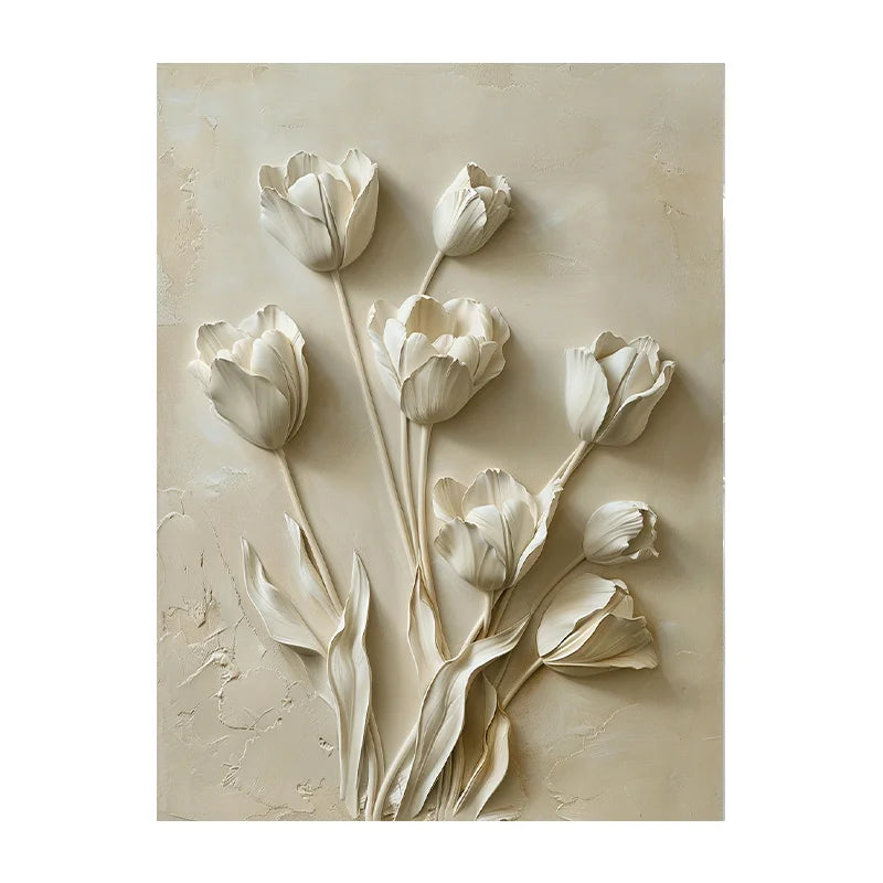 Modern Relief White Tulip Wall Art Decor Elegant Textured Flower Painting