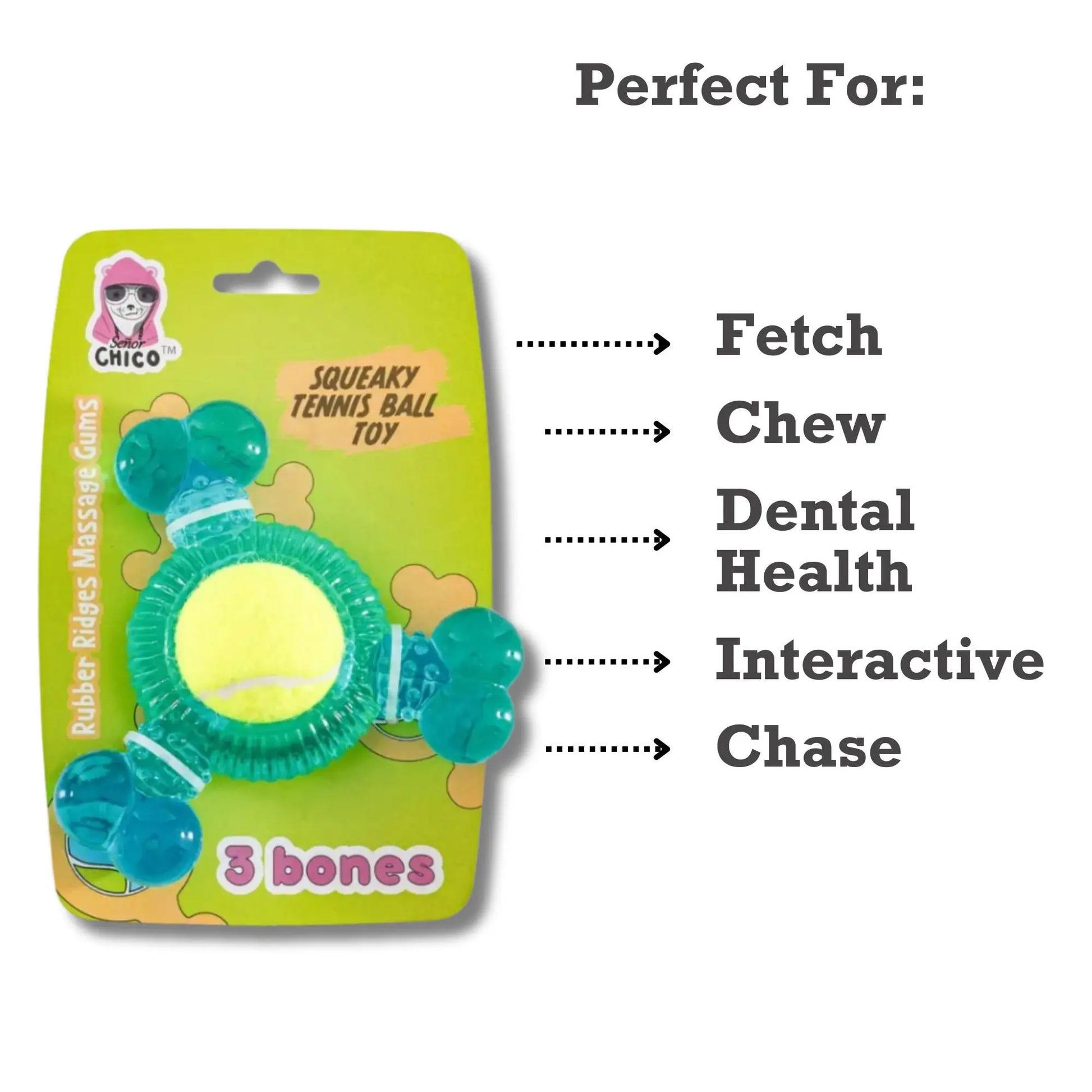 3-Bone TPR Chew Toy with Squeaker & Tennis Ball for Dogs – Removable Ball & Interactive Play American Pet Supplies