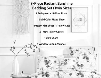 DaDa Bedding Bed in a Bag Bundle Set - Radiant Sunshine Yellow Hummingbirds Floral Bedding Set (JHW-925) DaDalogy Bedding Collection