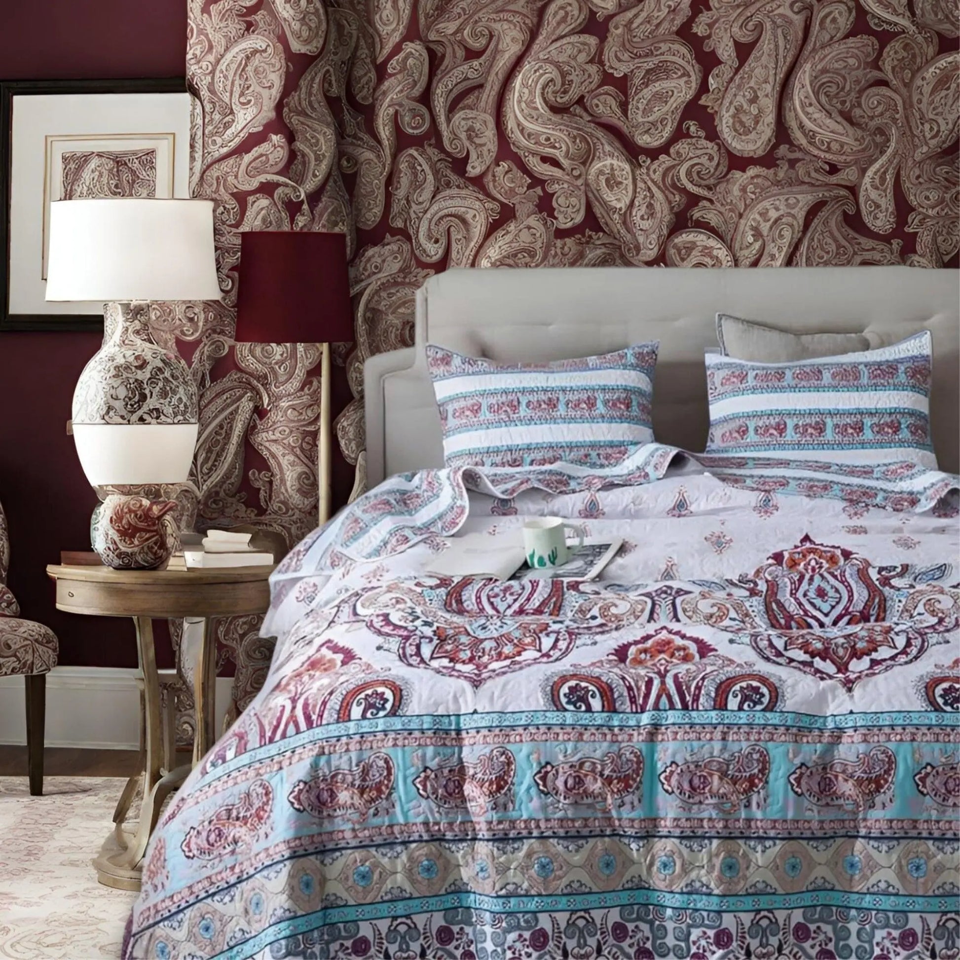 DaDa Bedding Bohemian Summertime White Blue Floral Paisley Bedspread Set (KSX-003) DaDalogy Bedding Collection