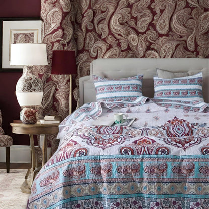 DaDa Bedding Bohemian Summertime White Blue Floral Paisley Bedspread Set (KSX-003) DaDalogy Bedding Collection