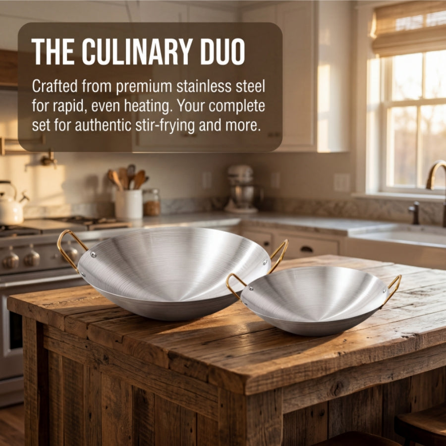 2 PCS Stainless Steel Wok with Dual Handles