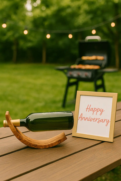 Handcrafted Olivewood Wine Bottle Holder – Balancing Display Stand | Unique Gift for Weddings, Anniversaries & Wine Lovers - Our3Designs