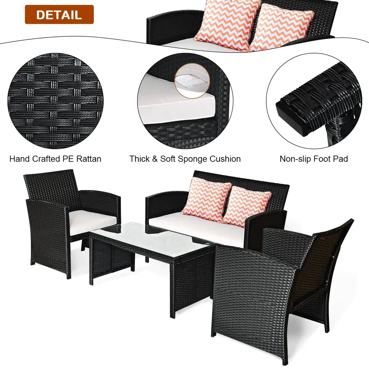 4PCS Patio Rattan Furniture Set Table &Sofa W/Cushion Garden Black