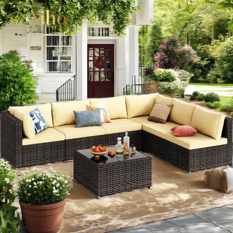 7 Piece Patio Furniture Sets,  Outdoor Sectional Sofa with Glass Coffee Table & Cushions for Patio - Beige