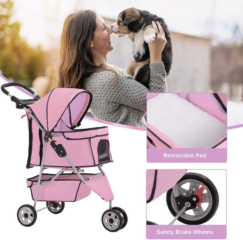 Stylish Pink Pet Stroller for Small Dogs & Cats – Waterproof, Easy to Travel with Cup Holder!