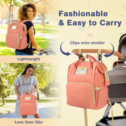 Stylish Pink Diaper Bag Backpack - Multifunctional Baby Changing Bag with Insulated Pockets and Stroller Straps for Ultimate Convenience