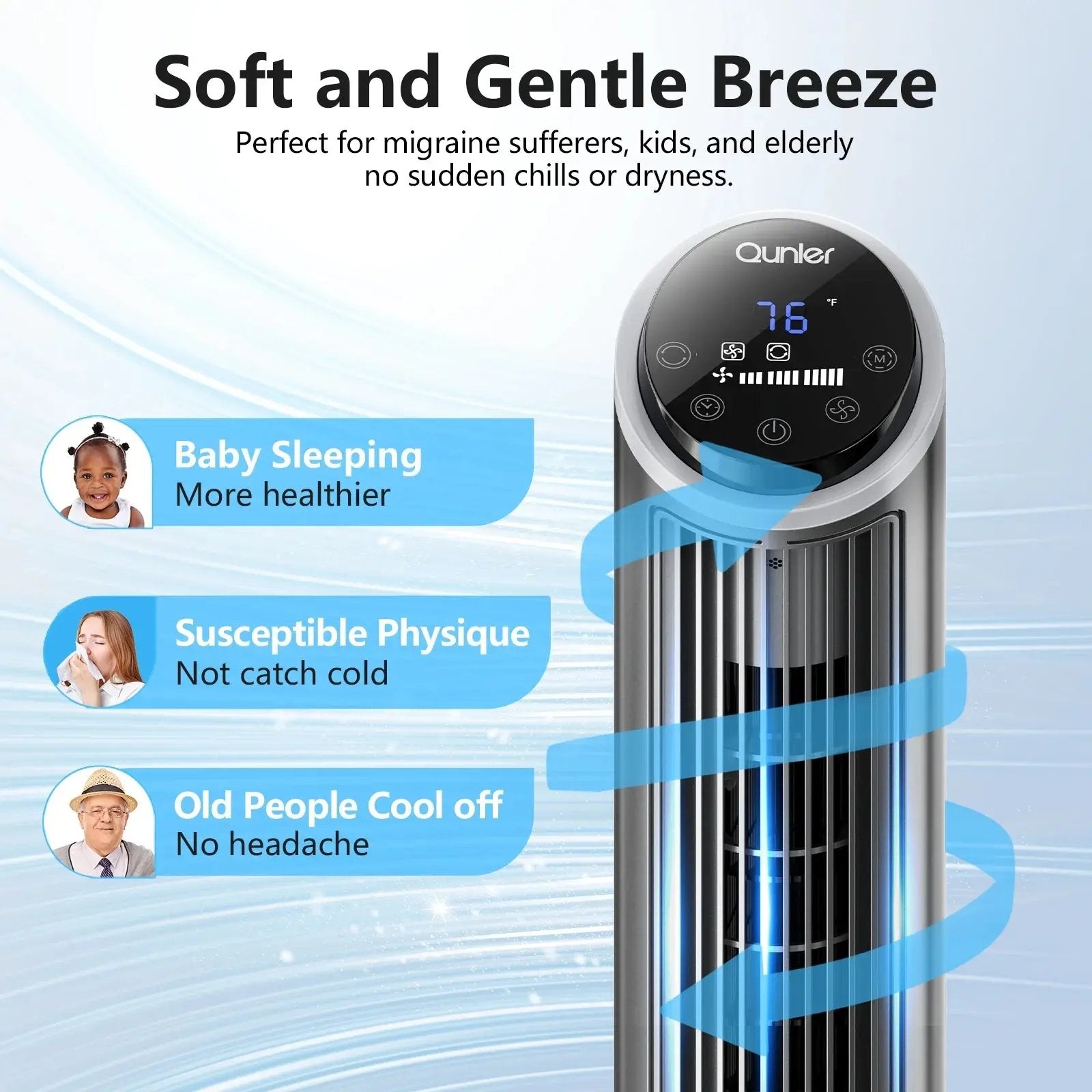 Tower Fan with Remote, 40" Bladeless Fan for Home, 70° Oscillation, 3 Speeds, 2 Modes, 15H Timer Quiet AC Motor Floor Fan for Bedroom, Office, Gray