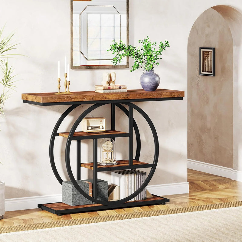 Industrial 41.3" Console Table, 4-Tier Sofa Table Narrow Wood Entryway Table with Storage Shelves for Living Room, Rustic Brown