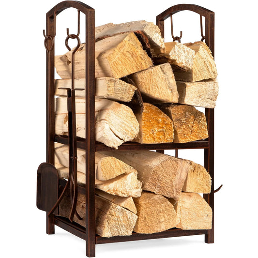 5-Piece Firewood Log Rack Holder Tools Set for Fireplace W/ Hook, Broom, Shovel, Tongs - Copper