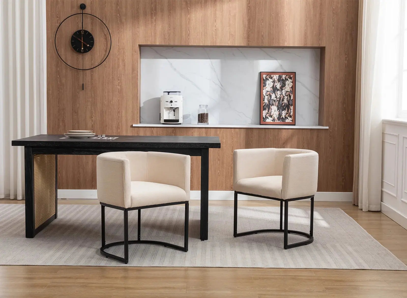 Modern Linen Dining Chair, Mid-Century Upholstered Barrel Kitchen Chairs Fabric Side Chair with Metal Legs and Curved Back for Living Room Dining Room Bedroom, Cream