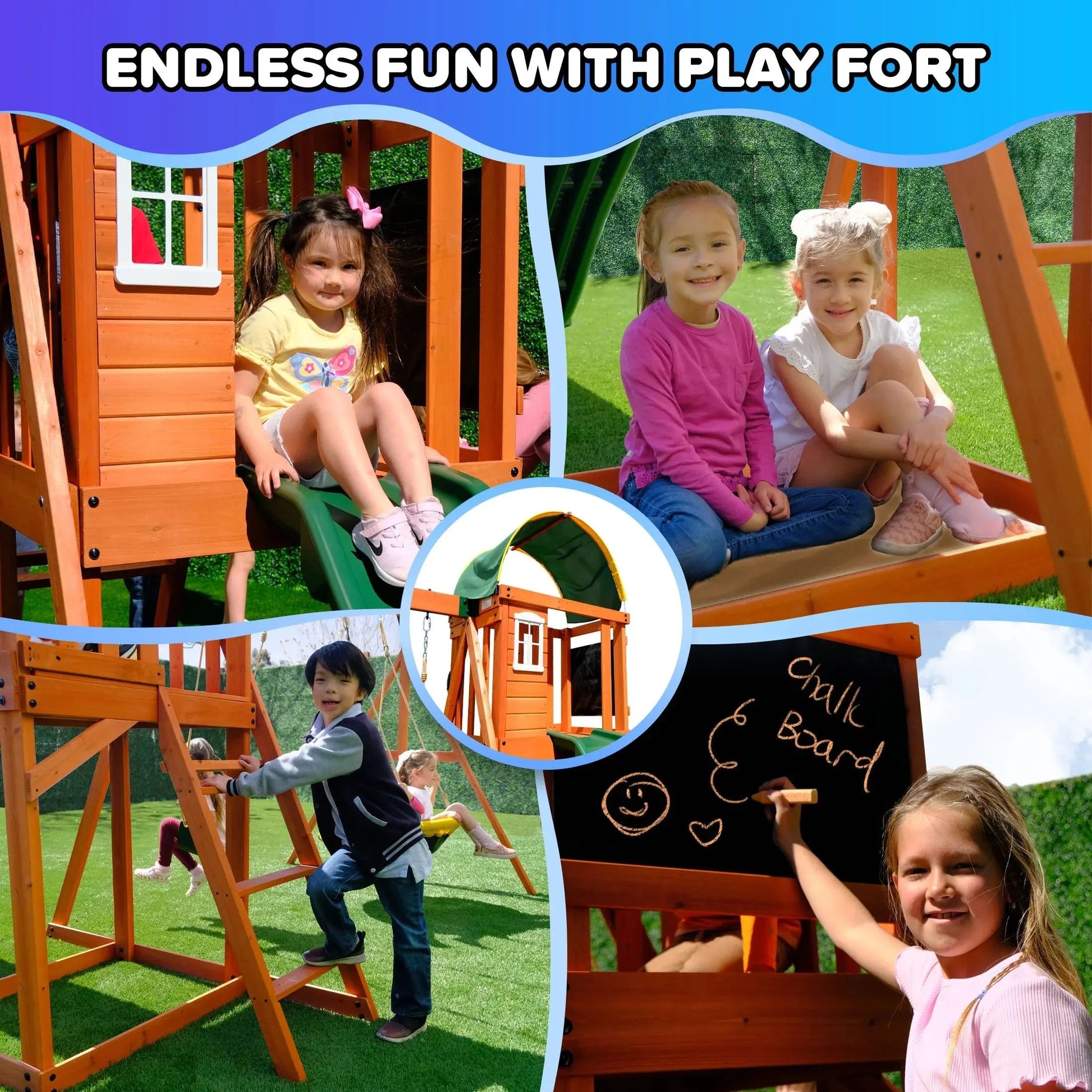 Amelia Wooden Swing Set with 2-Person Saucer Swing, 6' Slide & Play Fort - Heavy Duty & Lifetime Warranty!
