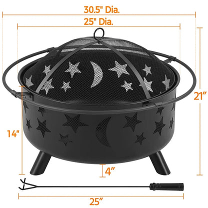 Iron Fire Pit with Poker Mesh Cover for BBQ Backyard Patio, Black