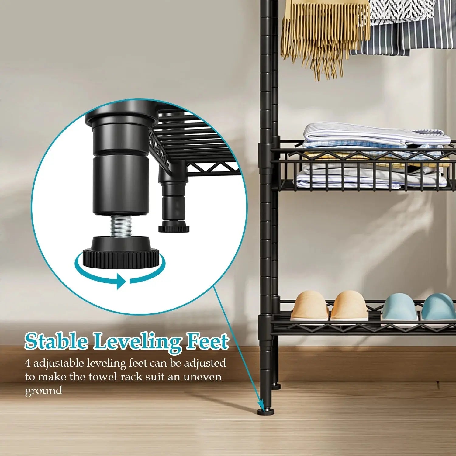 Metal 3 Tiers Free-Standing Towel Rack, Adjustable Bathroom Storage Organizer Shelf, Bath Towel Standing Shelf for Swimming Pool, Black