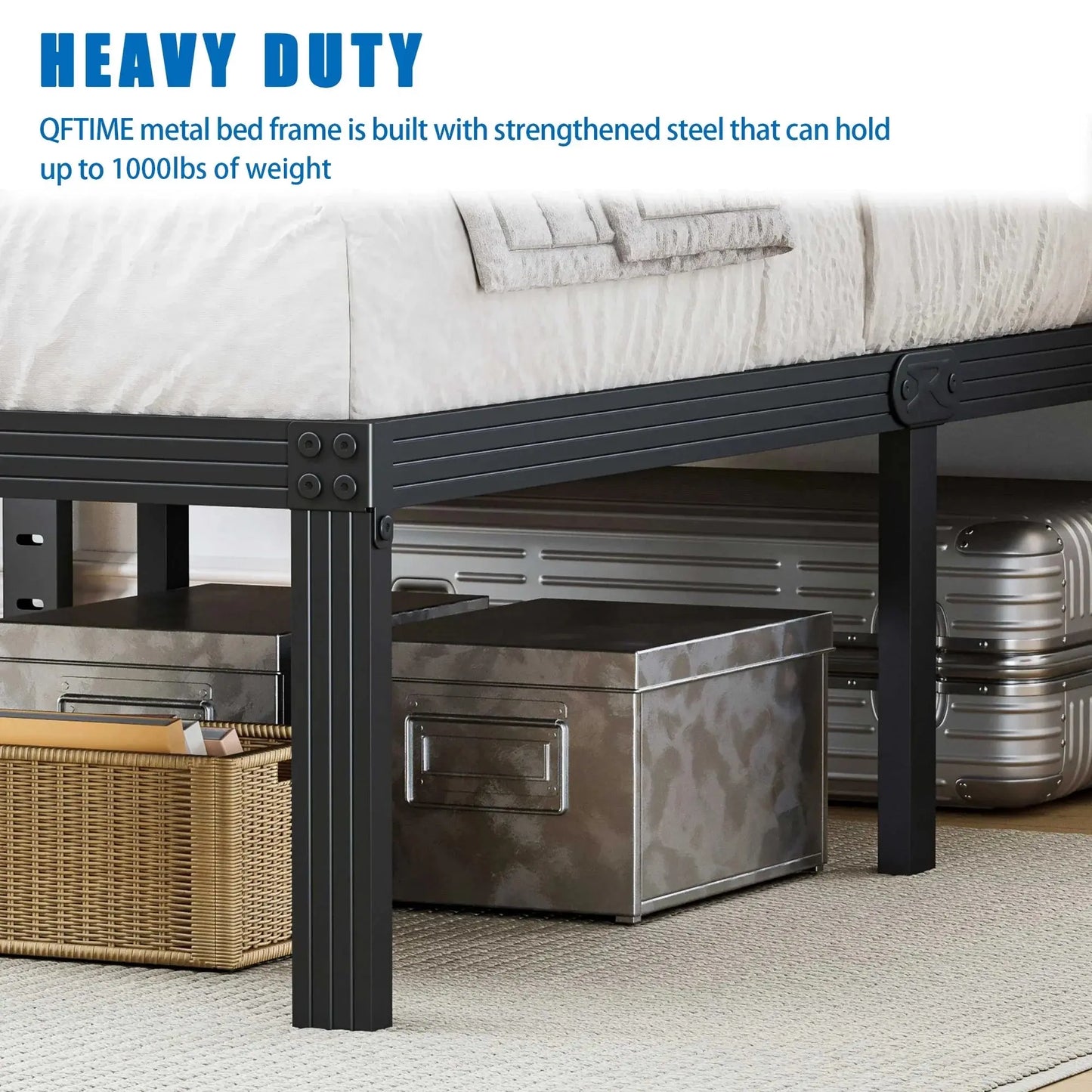 14" Queen Metal Bed Frame with Steel Slats, Heavy Duty Mattress Foundation