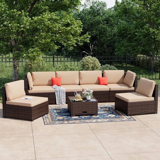 7 Piece Patio Furniture Set, Outdoor Furniture Patio Sectional Sofa, All Weather PE Rattan Outdoor Sectional with Cushion and Coffee Table.
