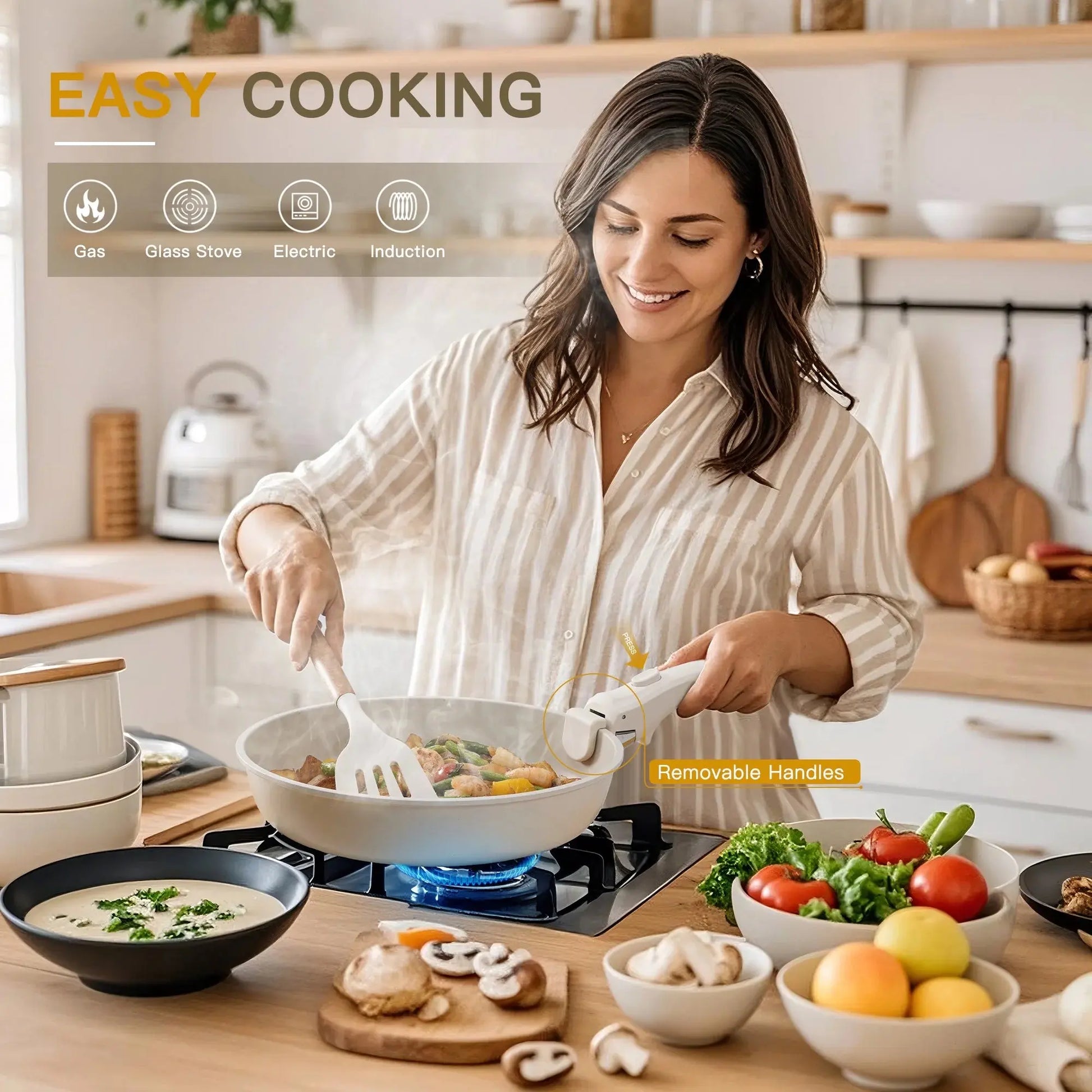 20-Piece Non-Stick Ceramic Cookware Set with Detachable Handles, Oven Safe and Induction Compatible, Stackable RV Kitchen Set in Cream White