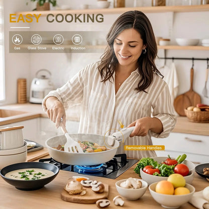 20-Piece Non-Stick Ceramic Cookware Set with Detachable Handles, Oven Safe and Induction Compatible, Stackable RV Kitchen Set in Cream White