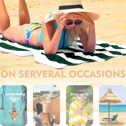 2-Pack Cotton Oversized 35"X70" Cabana Stripe Beach Towels, Super Absorbent Soft Plush Pool Towel, Bath Towel (Forest Green)