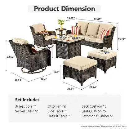 New Kenard Brown 7-Piece Wicker Patio Fire Pit Conversation Set with Beige Cushions and Swivel Rocking Chairs