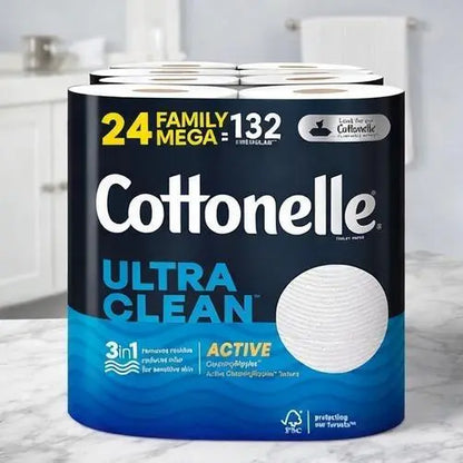 Cottonelle Ultra Clean 1-Ply Toilet Paper with Active CleaningRipples, 24 Mega Rolls (Equals 132 Regular Rolls)