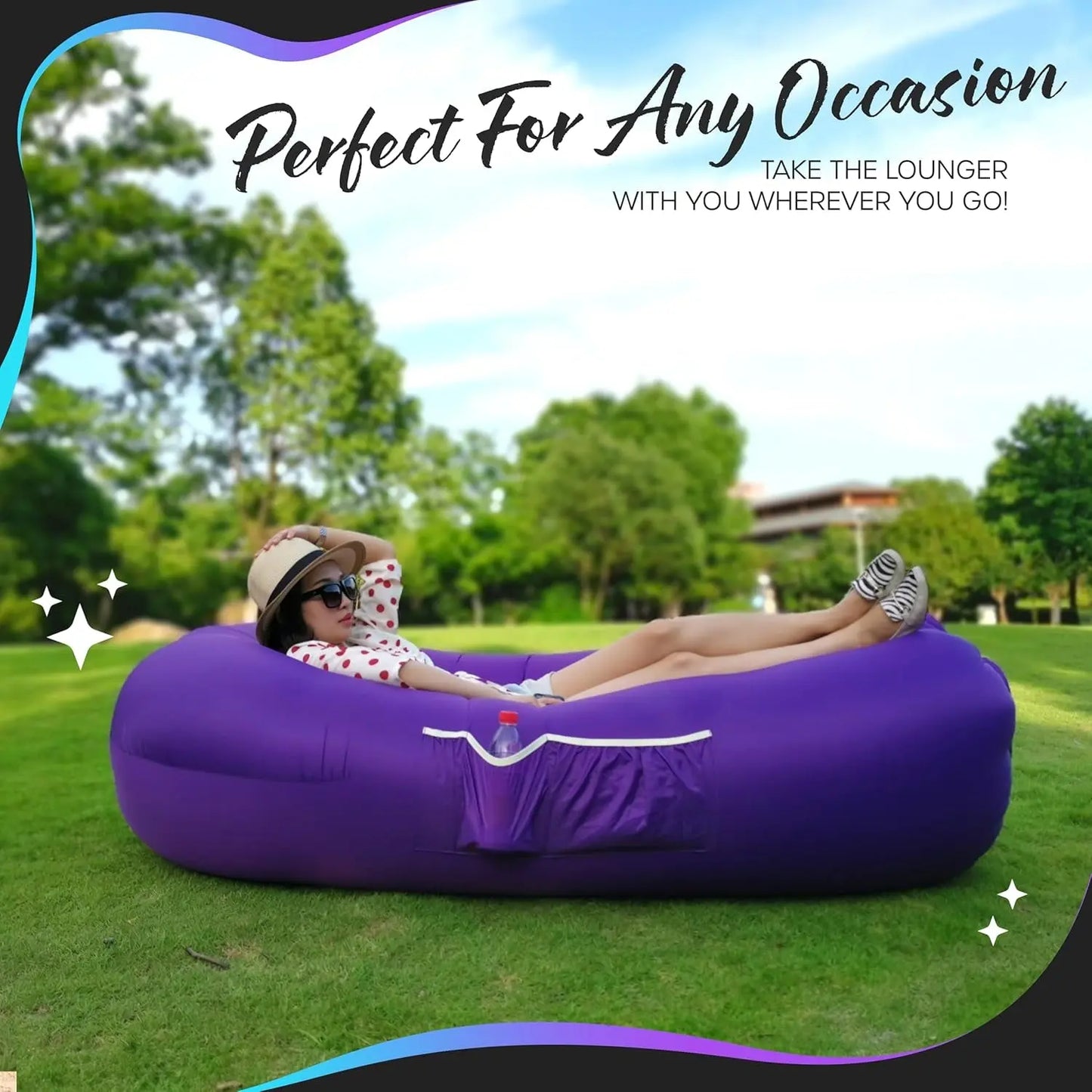 Inflatable Lounger | 210T Polyester Inflatable Chair | No-Pump Blow up Couch | Camping Couch Air Sofa Bed W/ 450 Lbs. Cap., Pockets & Matching Bag | Use as Inflatable Couch for Adults & Kids