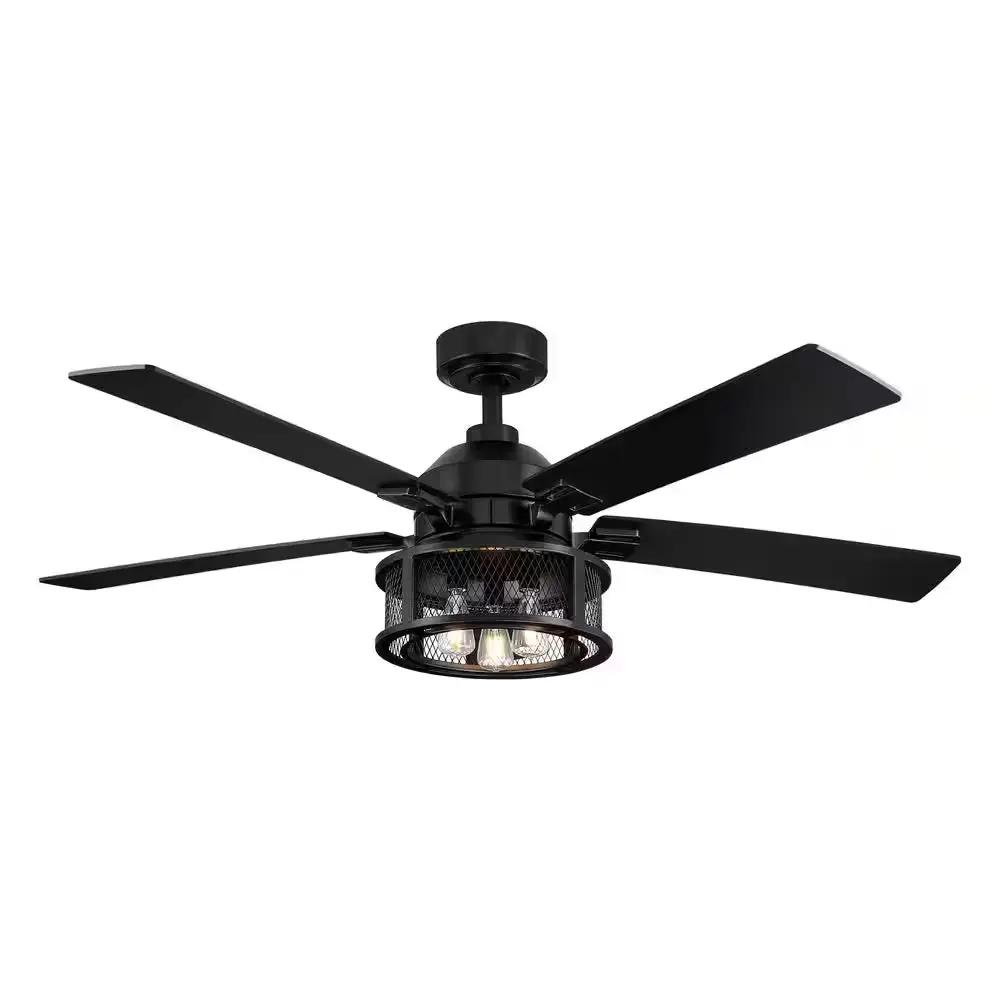 52 In. Indoor Industrial Mesh Metal Reversible Blades Black Ceiling Fan with Light Kit and Remote Control