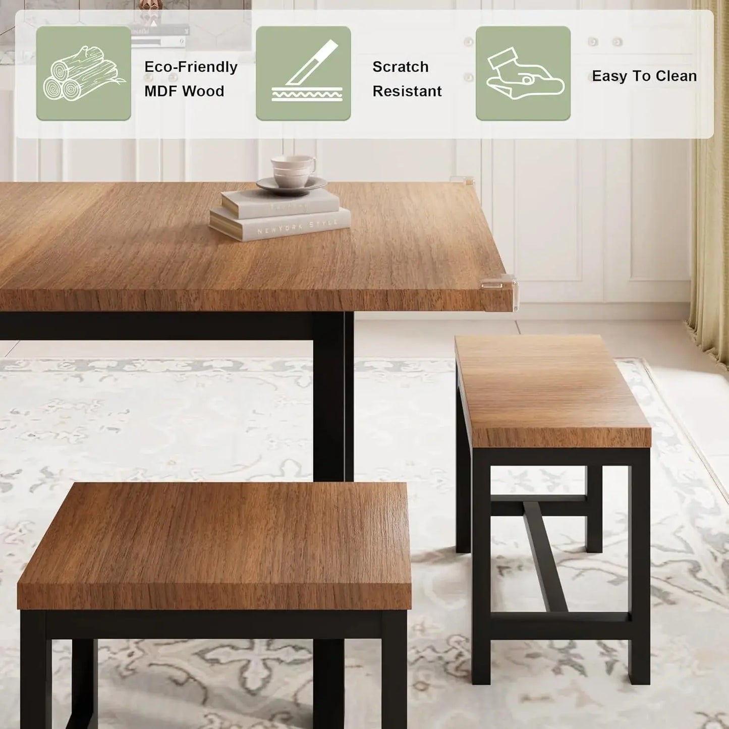 Dining Table Set, 7-Piece Extendable Table from 63" Large Extendable Kitchen Table Set for 4-8 People, Mid-Century Dining Room Table with 6 Square Stools,Walnut