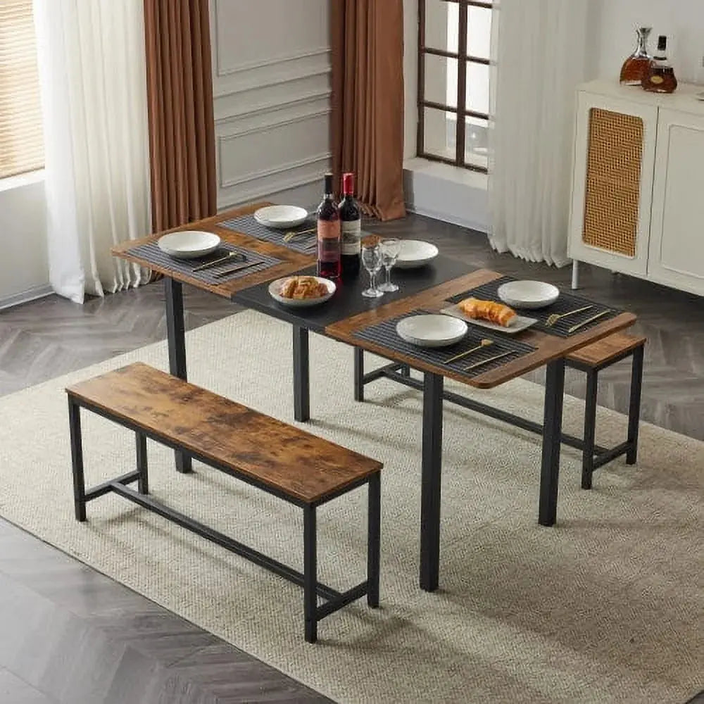 Ktaxon Extendable Dinner Table for 6 Dining Room Table Set Rectangle Kichen Table with Two Benches 63" W Fire Wood and Black