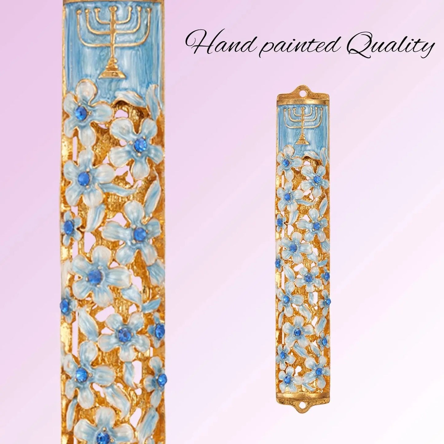 Hand Painted Blue and Ivory Enamel Flower Mezuzah Embellished with Gold Accents and Menorah Design Crystals Home Door Wall Decor Housewarming Present Gift for Festival(5.5 Inch)