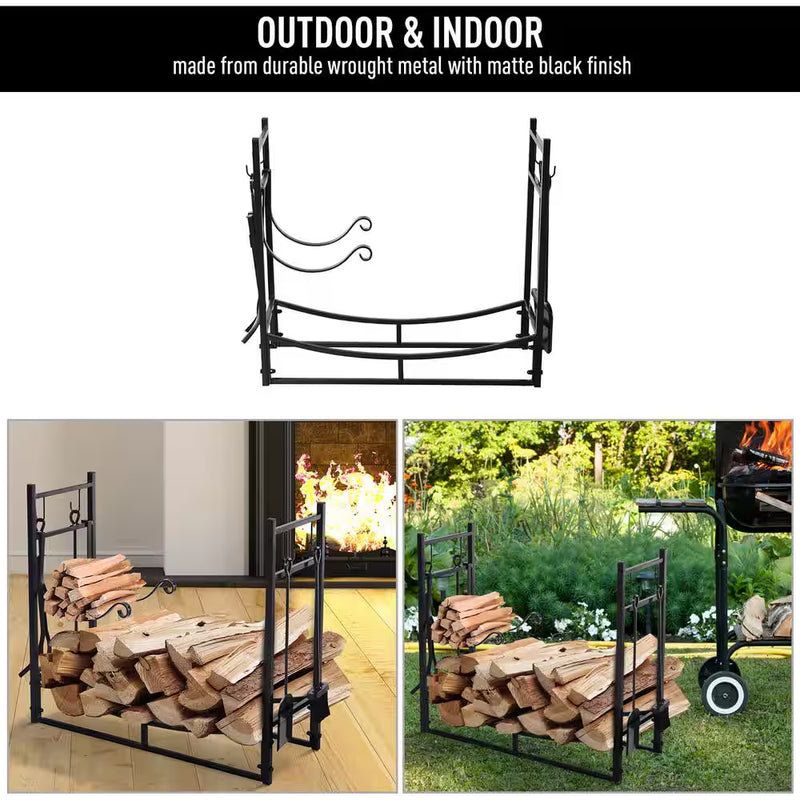 33 In. L Wrought Iron Indoor Outdoor Fireplace Tool Set Log Rack Holder with Fireplace Tools