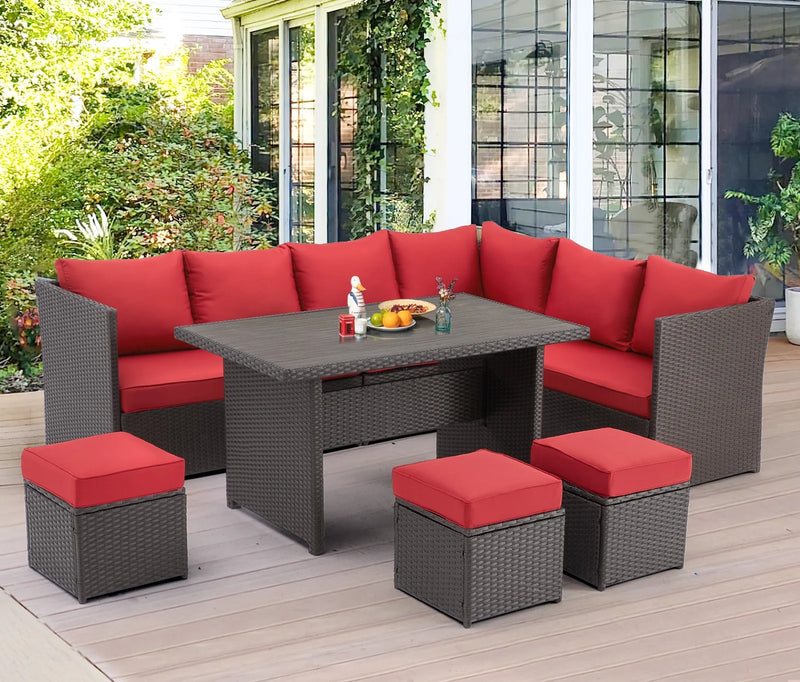 7 Piece Patio Conversation Set, Outdoor Sectional Sofa Rattan Wicker Dining Furniture, Red