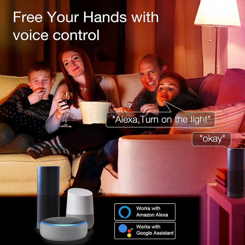 Smart RGBCW WiFi LED Light Bulbs, Compatible with Alexa & Google Home, A19 E26 9W (60W Equivalent) 800 Lumen, App-Controlled, No Hub Required, Pack of 6