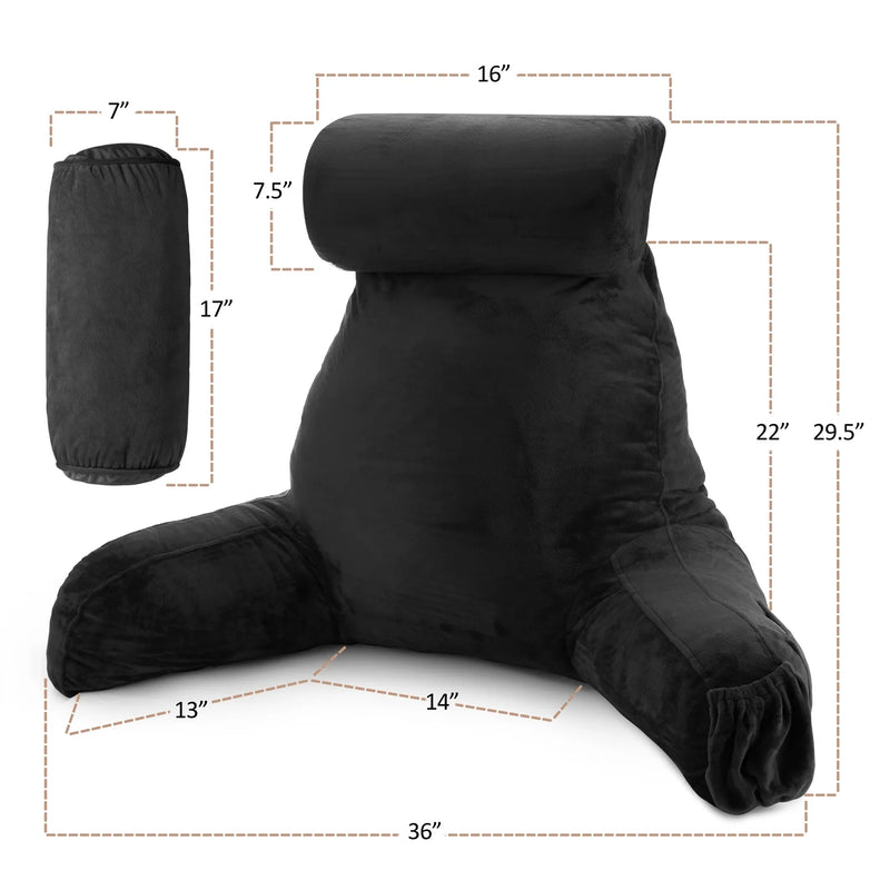 Reading Pillow Bonus Portable Lap Desk Stand for Laptop, Back Rest Pillow for Sitting in Bed, Shredded Memory Foam Bed Rest Pillow with Arms and Pockets, Large, Black