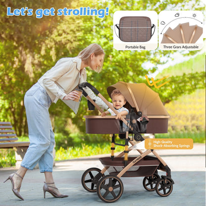 Versatile 2-in-1 Baby Stroller: Lightweight, Foldable, and Reversible Bassinet Pram in Brown with Cup Holder and Storage Bag