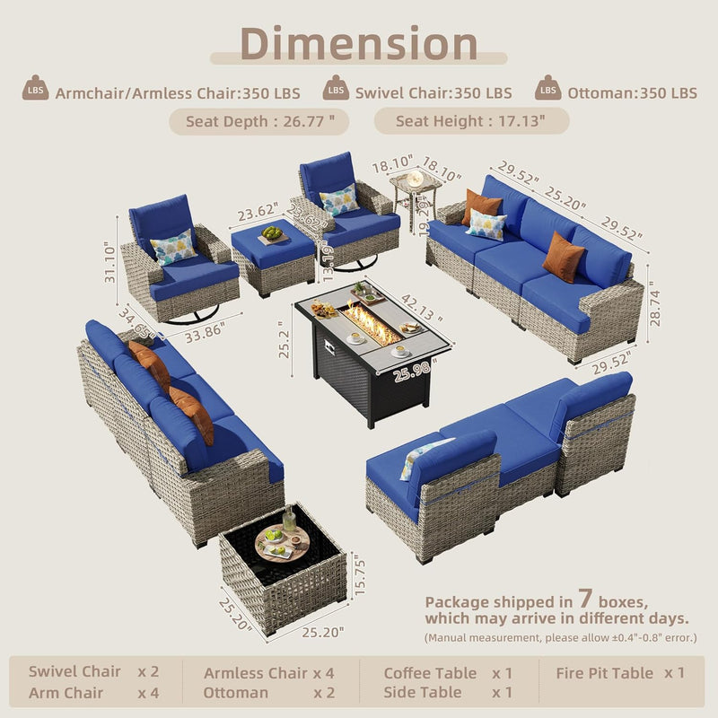 15-Piece Outdoor Sectional Sofa Set W/ 43" Fire Pit – L-Shaped Wicker Patio Furniture, Deep Seating & Swivel Rockers, Blue