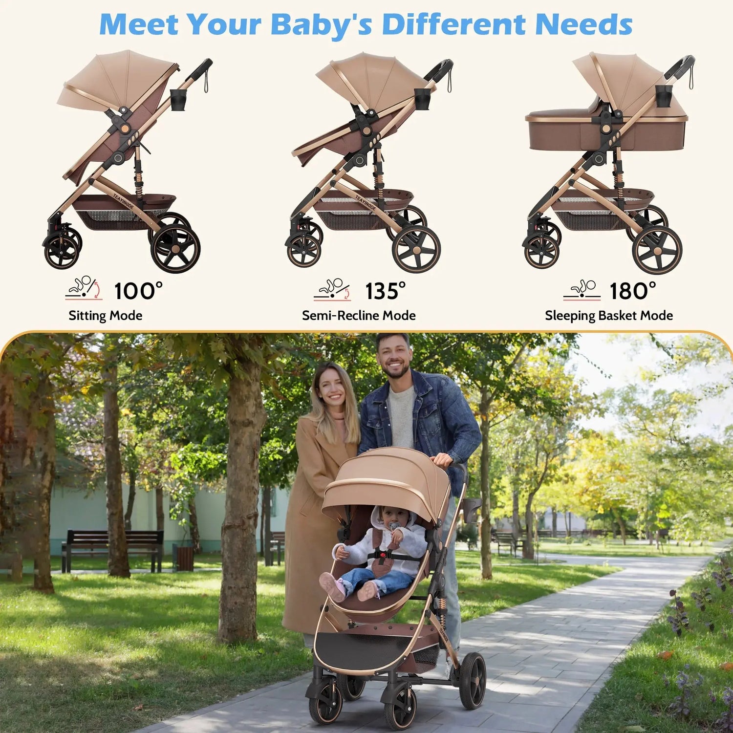 Versatile 2-in-1 Baby Stroller: Lightweight, Foldable, and Reversible Bassinet Pram in Brown with Cup Holder and Storage Bag