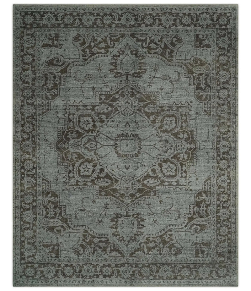 Antique Design Traditional Heriz Medallion Silver, Charcoal and Brown Hand Knotted 8x10 wool area Rug The Rug Decor