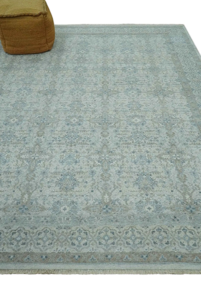Antique Distress finish Silver, Teal and Brown Hand Knotted Traditional 8x10 wool Rug The Rug Decor