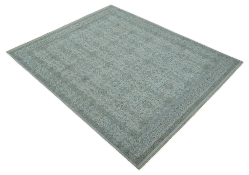 Antique Distress finish Silver, Teal and Brown Hand Knotted Traditional 8x10 wool Rug The Rug Decor