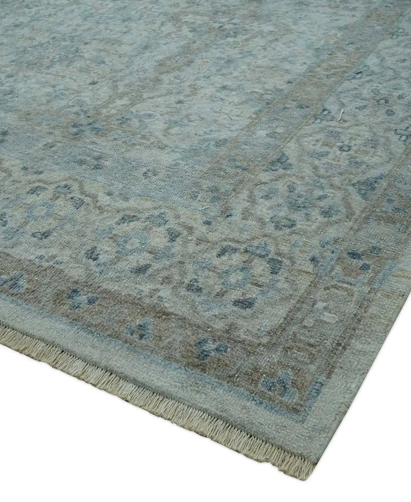 Antique Distress finish Silver, Teal and Brown Hand Knotted Traditional 8x10 wool Rug The Rug Decor